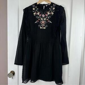 Zara Dotted Mesh  Beaded Floral Embroidered Mini Dress with Ruffle